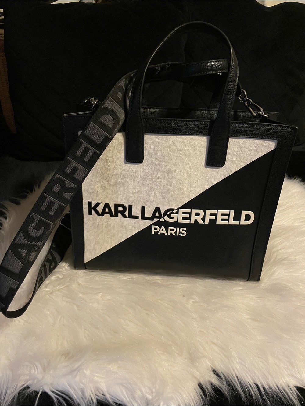 Karl Lagerfeld Black and White Diagonal Logo Messenger Bag